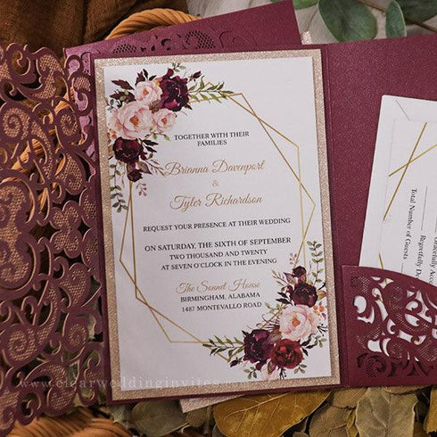 burgundy laser cut pocket fold and burgundy floral wedding invitations with glittery belly band CWIL07