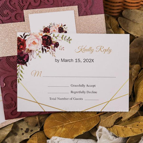 burgundy laser cut pocket fold and burgundy floral wedding invitations with glittery belly band CWIL07