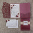 burgundy laser cut pocket fold and burgundy floral wedding invitations with glittery belly band CWIL07