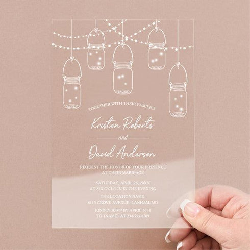 rustic fireflies and mason jars acrylic wedding invites CWIA106