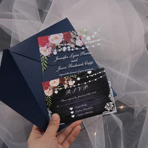 rustic wedding blue string lights lace floral acrylic wedding invites CWIA103