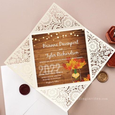 rustic maple mason jar ivory laser cut fall wedding invitation CWIL65