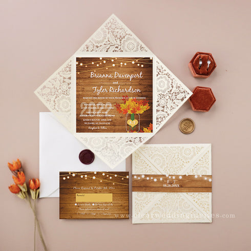rustic maple mason jar ivory laser cut fall wedding invitation CWIL65