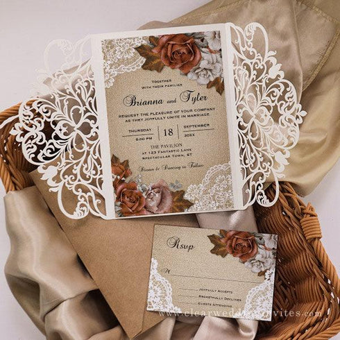 Rustic Earthy Burlap Dusty Terracotta Rose Lace Wedding Invitations CWIL92