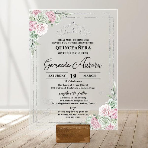 sage and pink floral quinceanera sweet 15 acrylic invitations CWIA227