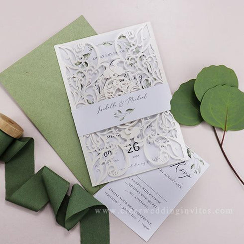 sage botanical greenery framed ivory lace wedding invitations CWIL98