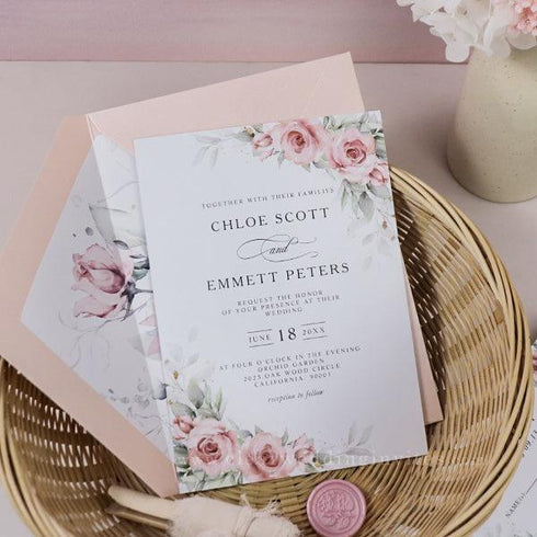 elegant blush pink floral greenery vellum wedding invitations CWIV38