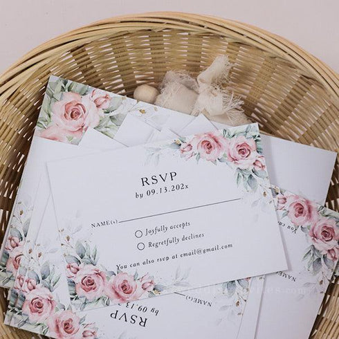 elegant blush pink floral greenery vellum wedding invitations CWIV38