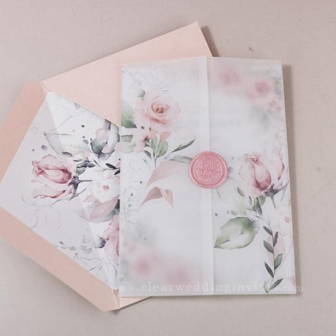 elegant blush pink floral greenery vellum wedding invitations CWIV38 - Clear Wedding Invites