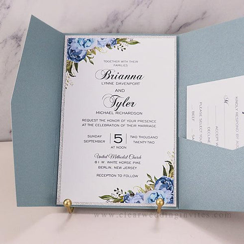 shades of dusty blue and silver pocket-fold wedding invitations CWIL99