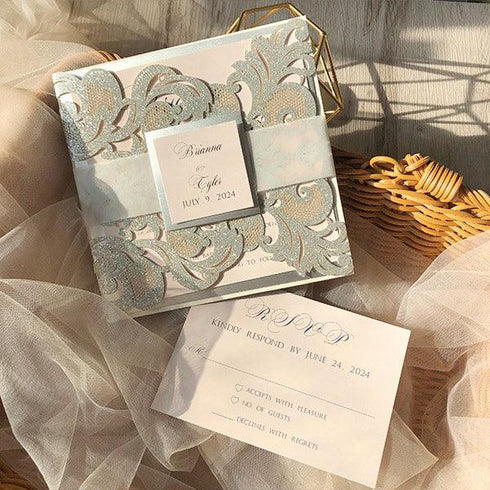 silver glittery and blush pink invitations with translucent vellum belly band CWIL16