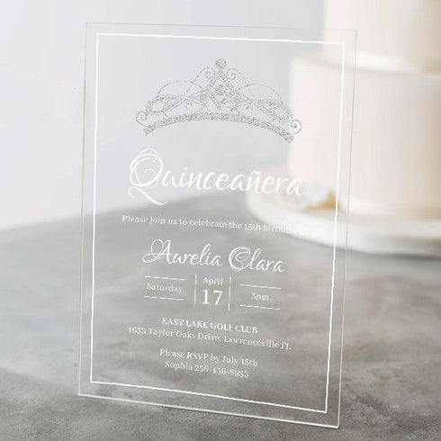 silver sparkle tiara acrylic xv años invitations CWIA110
