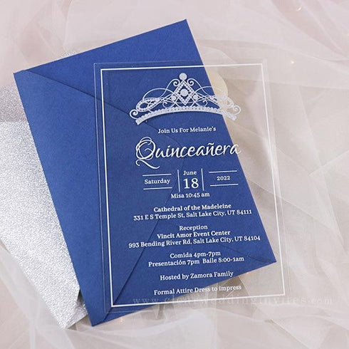 silver sparkle tiara acrylic xv años invitations CWIA117