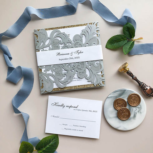 shimmer silver gray laser cut with gold glitter wedding invitations CWIL40