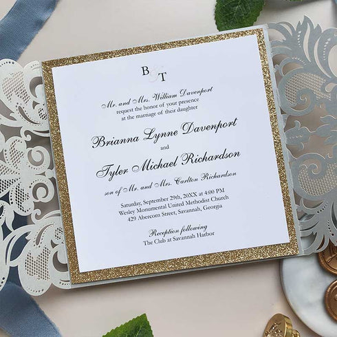 shimmer silver gray laser cut with gold glitter wedding invitations CWIL40