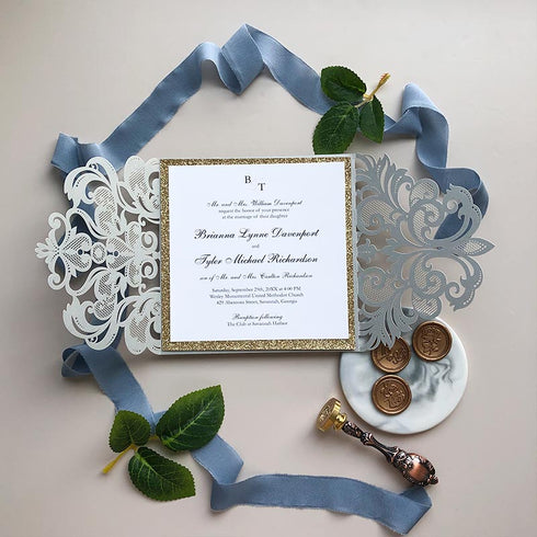 shimmer silver gray laser cut with gold glitter wedding invitations CWIL40