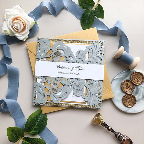 shimmer silver gray laser cut with gold glitter wedding invitations CWIL40