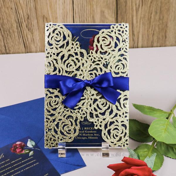 Navy Beauty And The Beast Inspired Floral Laser Cut Quinceanera Invitation  EWXV017