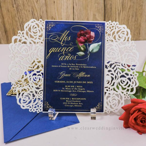 beauty and the beast laser cut invitations for xv anos, sweet 16, wedding, birthday party CWIL34
