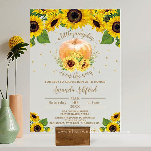 Sunflower Floral Little Pumpkin Christening Baptism 1st Birthday Acrylic Invitation CWIBA13