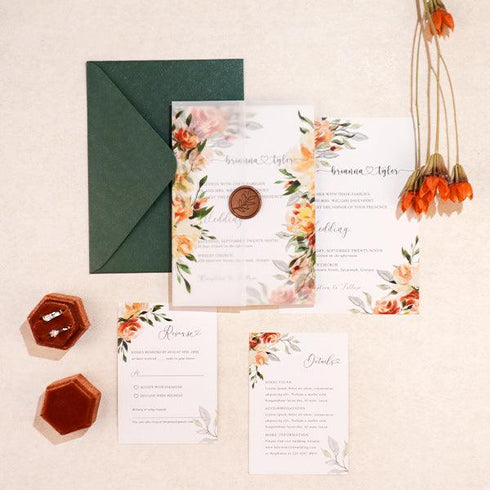 terra cotta, rust and greenery vellum wedding invitations with wax seal CWIV24