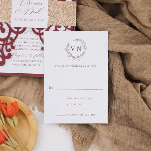 stunning red burgundy and rose gold monogram wedding invitation CWIL90