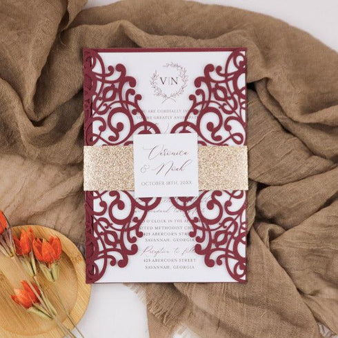 stunning red burgundy and rose gold monogram wedding invitation CWIL90
