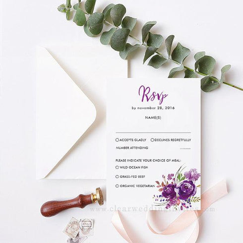 vivid purple florals jewel tone acrylic wedding invitations CWIA226