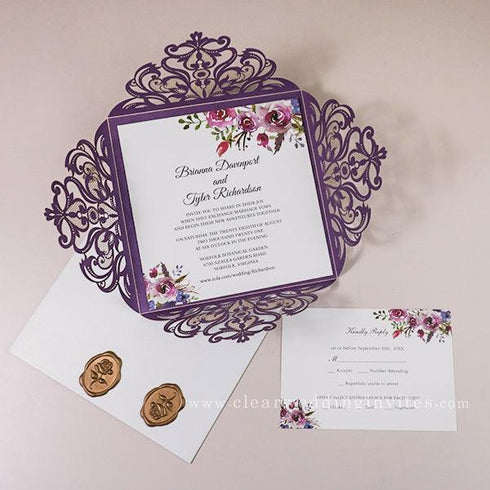 vivid shades of purple watercolor floral laser cut pocket wedding invitations CWIL23