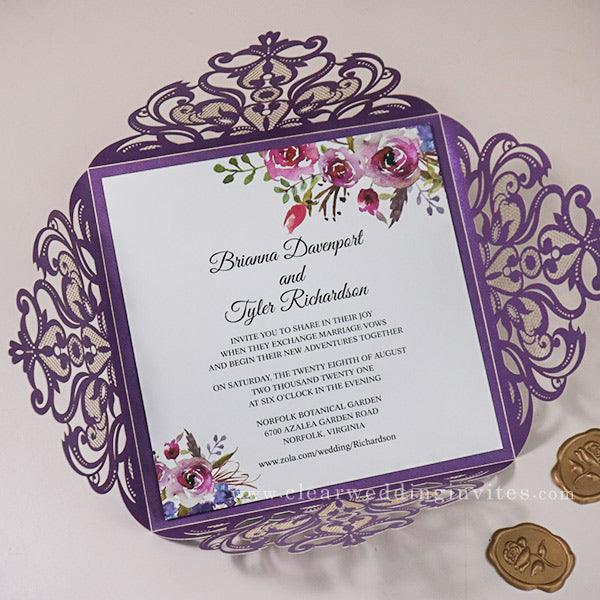 vivid shades of purple watercolor floral laser cut pocket wedding invitations CWIL23