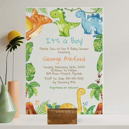 Watercolor Cute Dinosaur Greenery Boy Baby Shower Acrylic Invitations CWIBA14