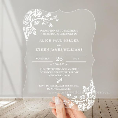 elegant white rose clear transparent acrylic wedding invitations CWIA75