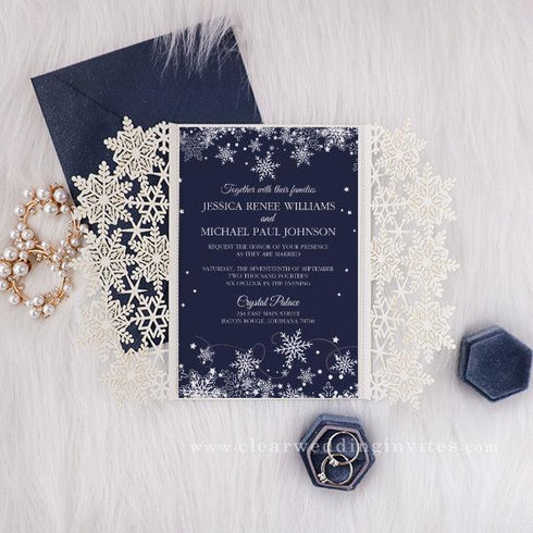 navy and silver winter snowflake laser cut wedding invitations CWIL73