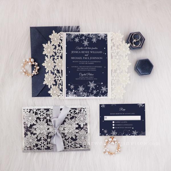 navy and silver winter snowflake laser cut wedding invitations CWIL73