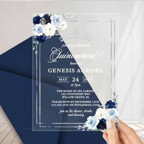 Elegant Dusty Blue Leafs Acrylic Wedding Invitation Suite CAPL024