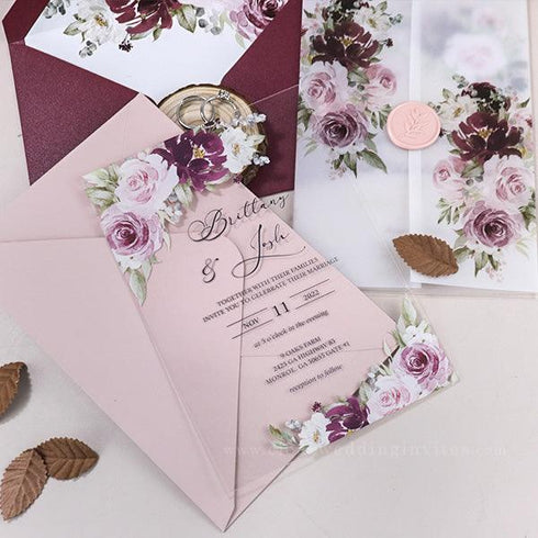 ash rose and delicate pink watercolor floral acrylic wedding invitatio ...