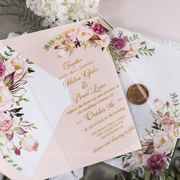 boho blush pink floral Acrylic wedding invitations CWIA02 – Clear ...