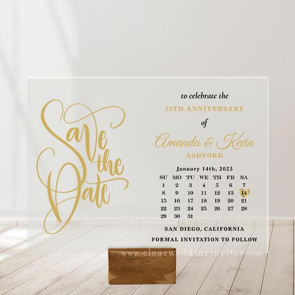 50th Anniversary Save the Date Calendar UV Gold Heart Acrylic Invitati –  Clear Wedding Invites