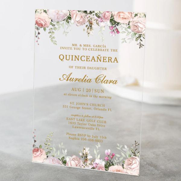 Elegant Blush Floral Sweet 16 Quinceanera Acrylic Invitations EWXV036