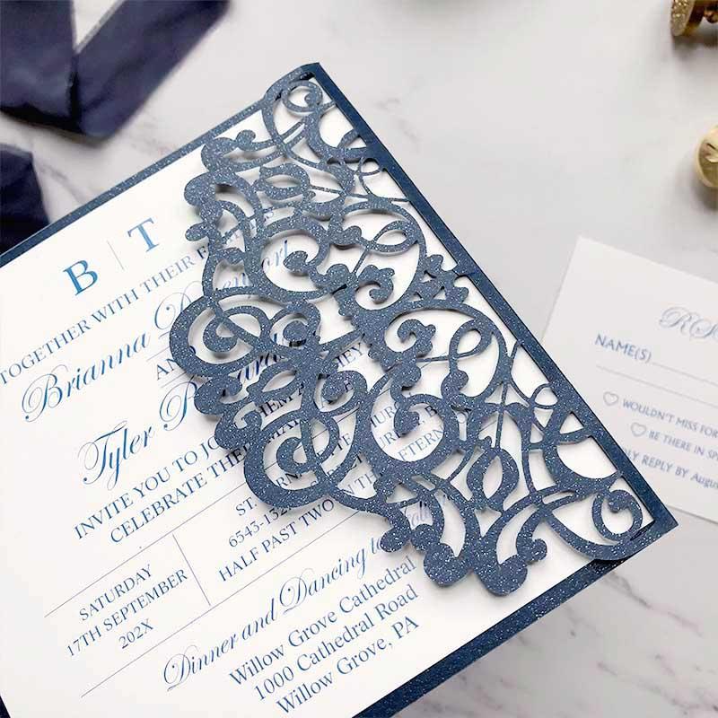 elegant navy blue laser cut wedding invitations with silver glitter CW ...