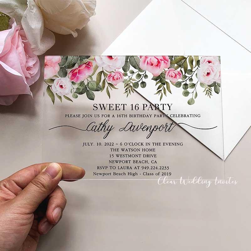 Pink Floral Acrylic Invitations