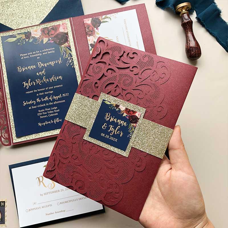 burgundy and navy blue jewel tone pocket laser cut wedding invitations ...