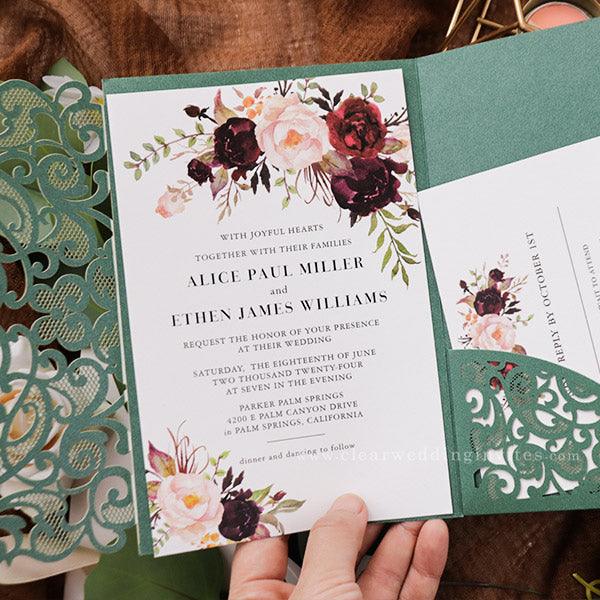 emerald green wedding invitations, green floral wedding invitations ...