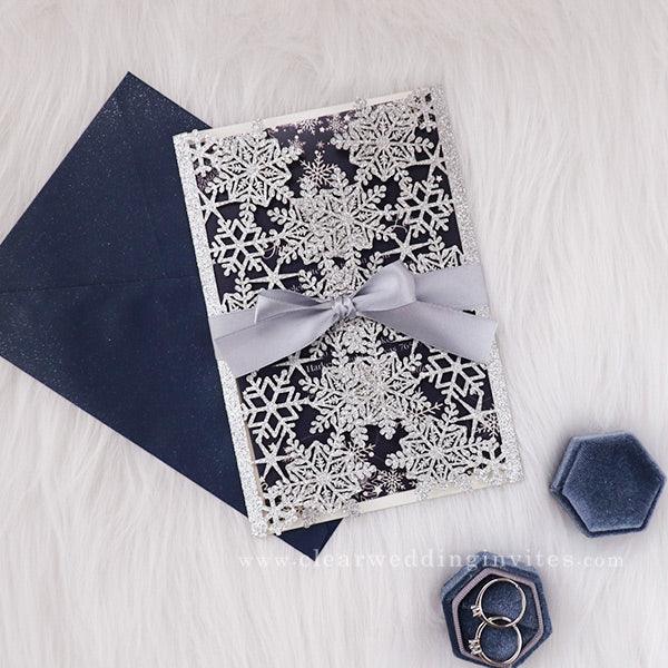 navy and silver winter snowflake laser cut wedding invitations CWIL73 ...